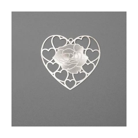 Silhuet-vedhng, slvfarvet, hjerte med rose, 33x32 mm, 4 stk.