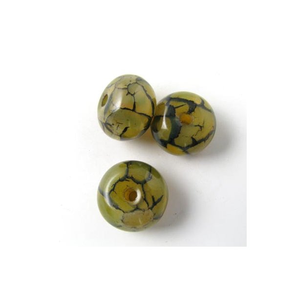 Cracked green agate, flat round bead, 15mm, 4 pcs.