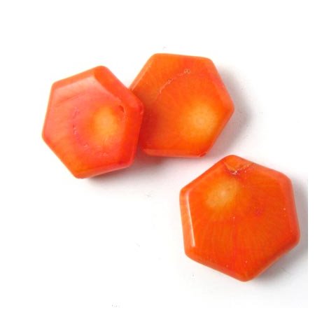 Koralperle, flad 6-kant orange, ca. 13mm, 6 stk