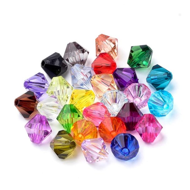 Acrylic bead, mixed colors, bicone, 4 mm, 30 pieces.