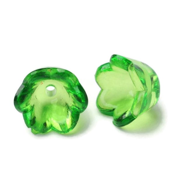 Acrylic bead, bead cap, bell flowers, grass green, 6pcs.