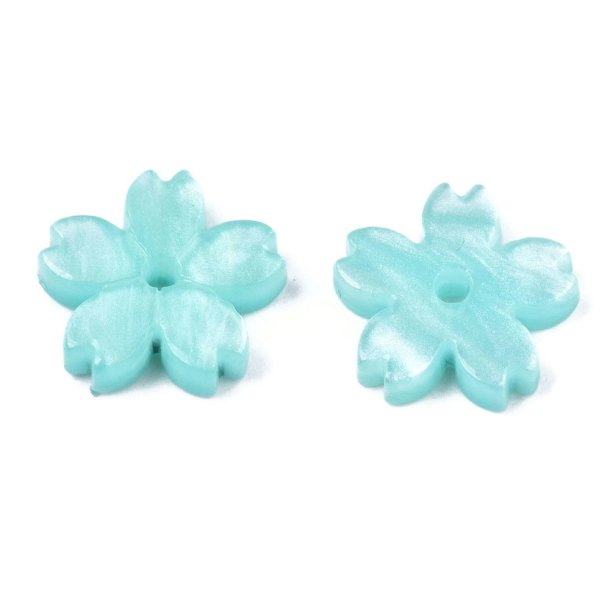 Acrylic bead, five-petal flower, turquoise, 11x2 mm, 6 pcs.