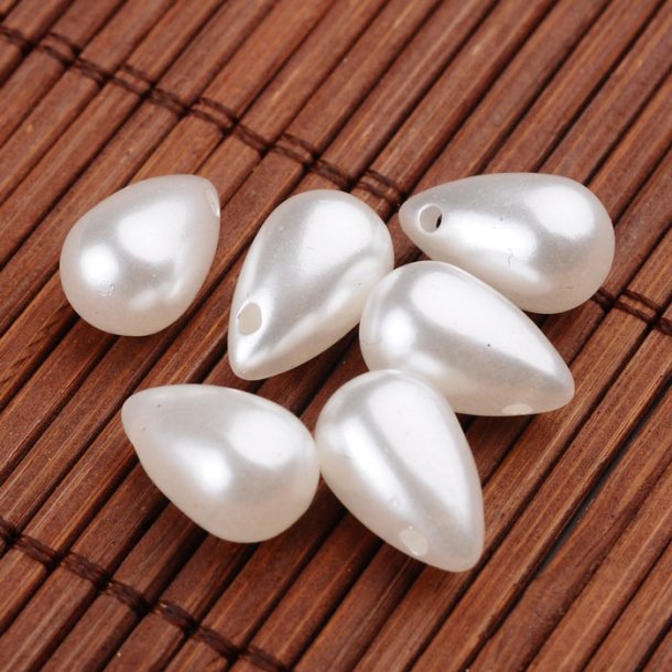 Plastic bead with pearl look, cross-drilled white drop, diameter 13x8 mm. 10 pcs.
