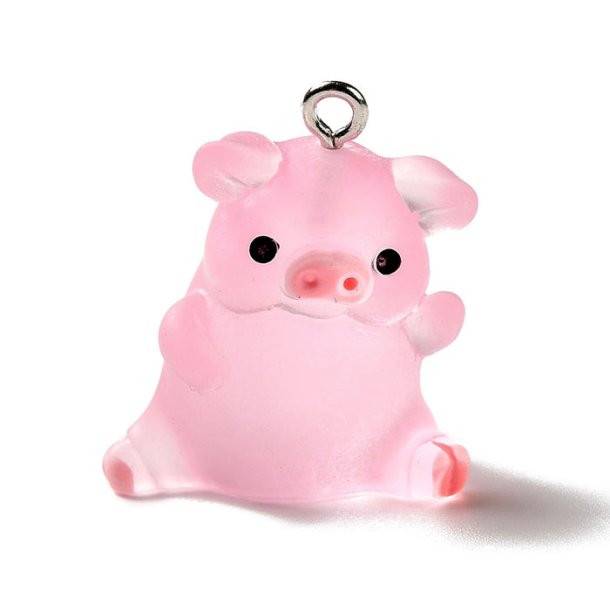 Pig pendant with metal eye, plastic, pink, semi-transparent, 25x23x16 mm, 1 pcs