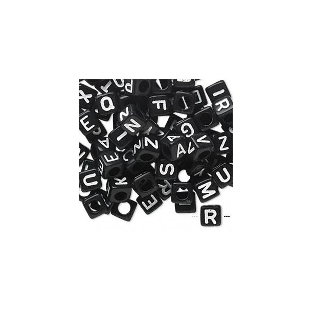 Acrylic beads, black coloured dice with white letters, 6x6mm, randomly mixed 20pcs.