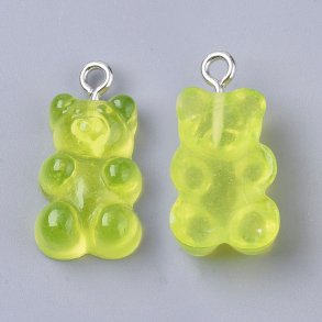 Teddy bear pendant, Resin, yellow-green, candy bear, 21.5x11.5x7 mm, 4pcs