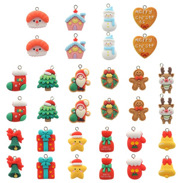 Christmas pendant, plastic, 16 different, length 15-20 mm, box of 32 pcs