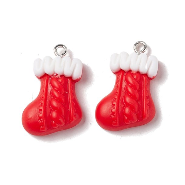Christmas sock pendant, Plastic, with eye, red, appx. 26x16.5 mm, 2 pcs