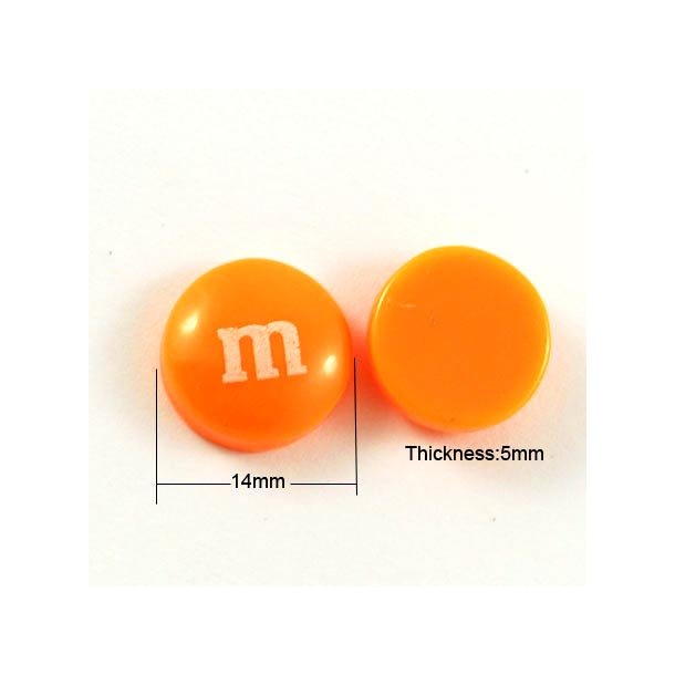 Akrylknapper som M&M slik, cabochon, orange, 14x5 mm, 6 stk.