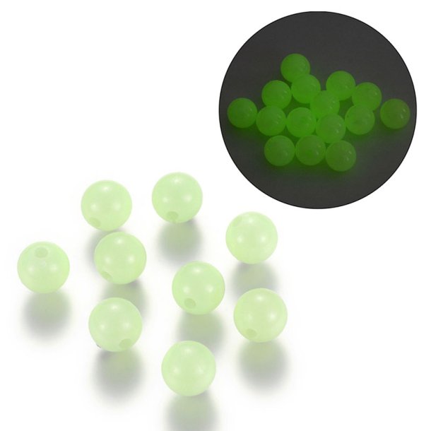 Glow in the dark beads, acrylic, light greenish, 8 mm, 20 pcs