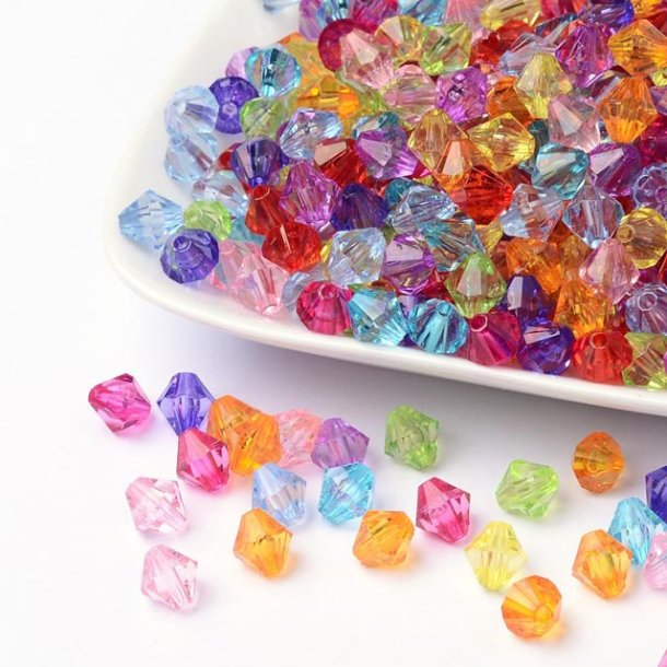 Akrylperler, transparente mixfarver, store facetteret bicone, 8 mm, 20 stk.