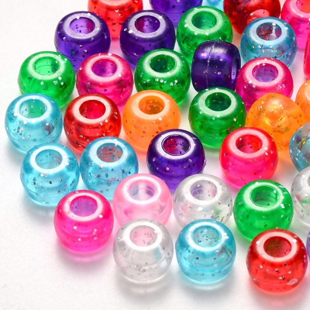 Plastic beads, mixed transparent colours with glitter effect, 9x6 mm, 20 pcs.