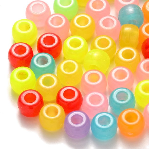 Plastic bead, mixed glow-in-the-dark colours, 9x6 mm, 20 pcs.