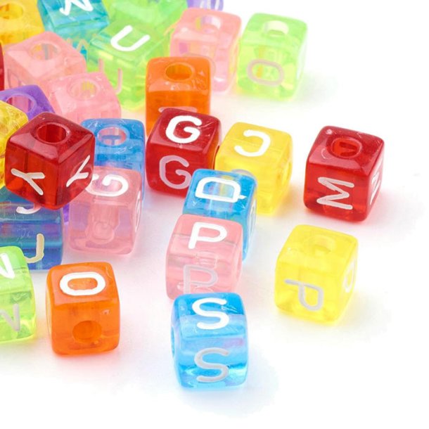 Acrylic beads, dice shaped, mixed transparent colors, white letters, 10x10x10mm, 10pcs