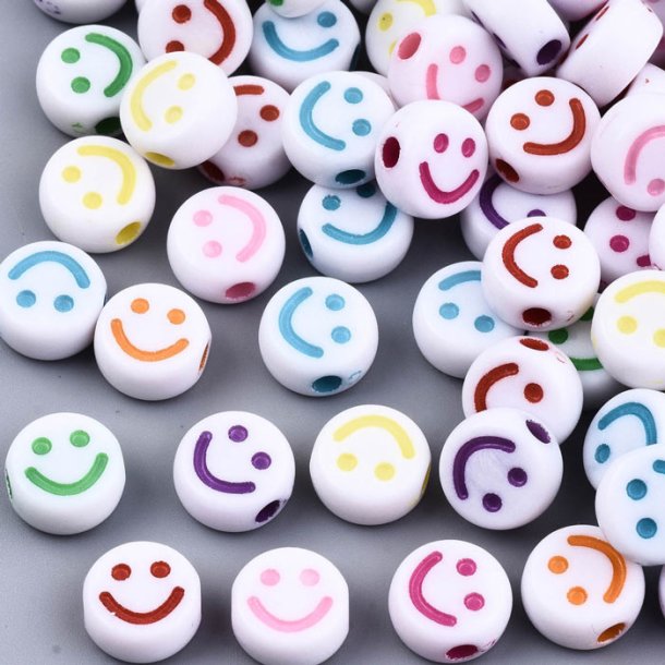 Acrylic beads, emoji, Smiley coin shape bead, mixed colors, 10x5mm, 20pcs.