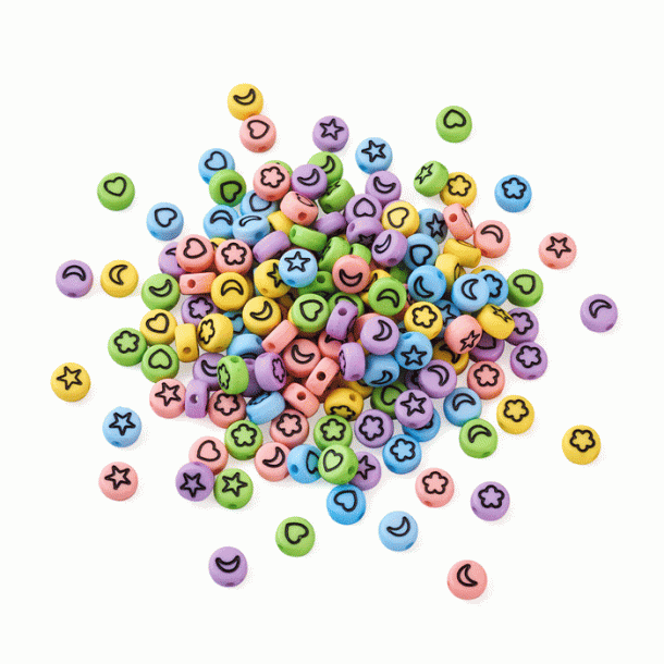 Acrylic bead, coin symbol, mixed colours, 7x4 mm. 30 pieces.