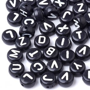 Acryl, Buchstaben-Münzen, schwarz mit weißen Buchstaben, 7x4 mm, 30 Stk.