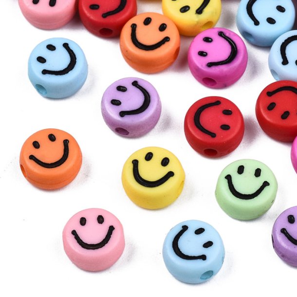 Acrylic beads, emoji, Smiley coin shape bead, mixed colors, 7x3.5mm, 20pcs.