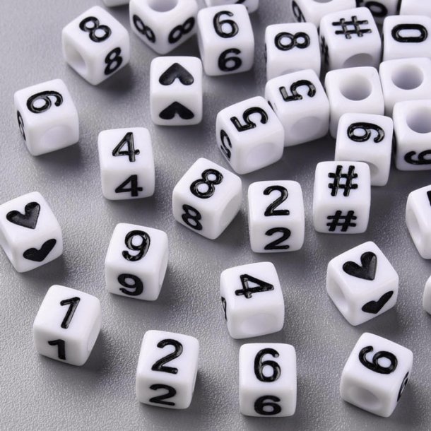 Acrylic, numbers, white cube with black numbers, 6x6x6 mm. 20 pcs.
