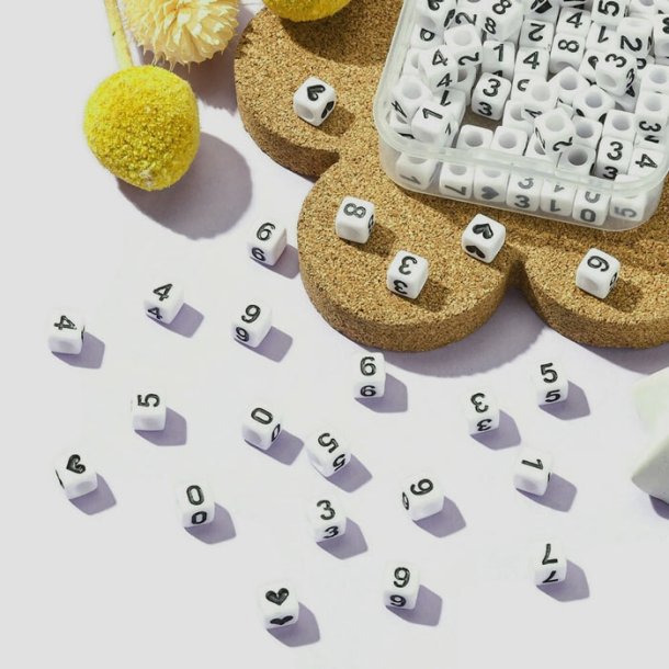 Acrylic, number beads, white cube with black numbers, 6x6x6 mm. 100 pcs.