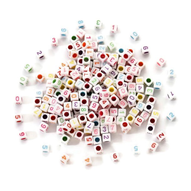 Acrylic, numbers, white cube with coloured numbers, 6x6x6 mm, 20 pcs