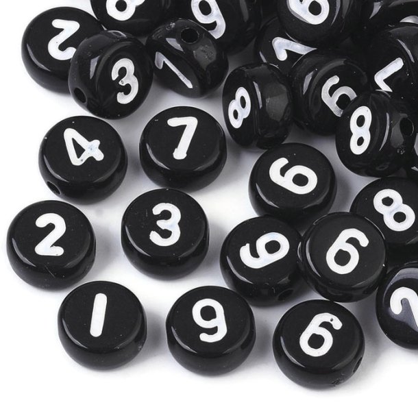 Acrylic, number coin, black with white letters, 7x3.5 mm. 30 pcs.