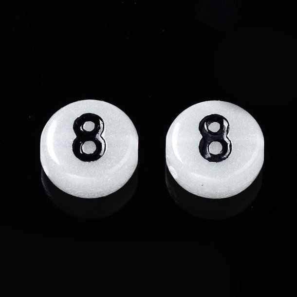 Acrylic, number coin, luminescent with black numbers, assorted, 7x3.5 mm, 30 pcs.
