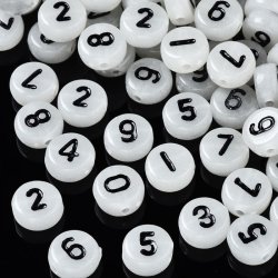 Acryl, Zahlenm&uuml;nze, nachleuchtend mit schwarzen Zahlen, sortiert, 7x3,5 mm, 30 St&uuml;ck.