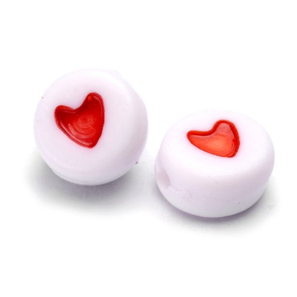 Acrylic bead, red heart on white background, round, flat, 7x3 mm, 30 pcs
