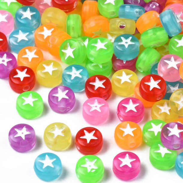 Acrylic, coin with star, mixed transparent colors, approx. 6.5x4 mm. 30 pcs