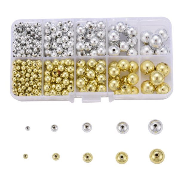 Acrylic beadmix in plasticbox, shiny beads, gold and silver, round, 5 sizes, appx. 540 pcs