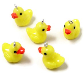 Rubber duck, pendant with metal eye, plastic, yellow, 21x19x13 mm, 2 pcs