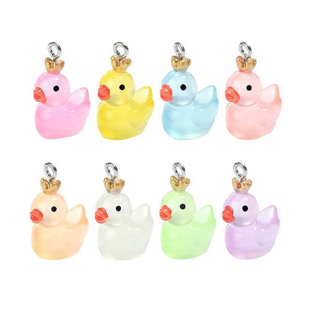 Bathing duck pendant, mixed colours, plastic with metal eye, 23x17x13 mm, 6 pcs