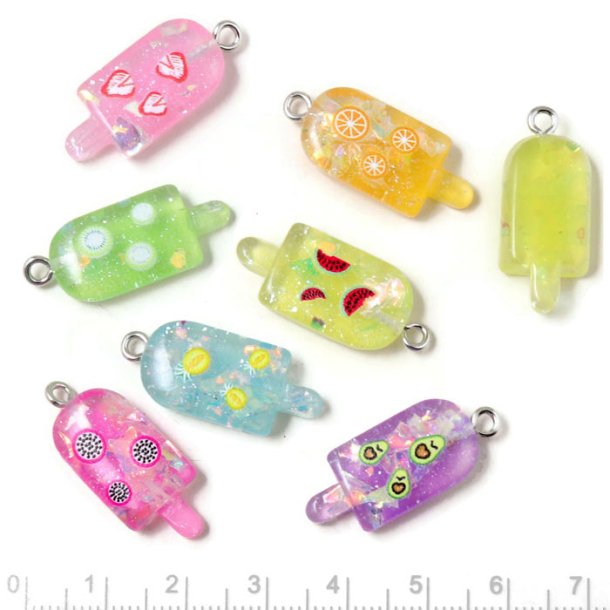 Ice stick / soda ice, pendant with metal eye, plastic, mix colours, 26x11x6 mm, 4 pcs