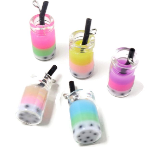 Bubble tea, pendant with metal eye, plastic, mix colours, 23x10 mm, 4 pcs