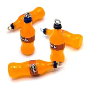 Fanta soda bottle, pendant with metal loop, plastic, yellow, 34x10 mm, 4 pcs