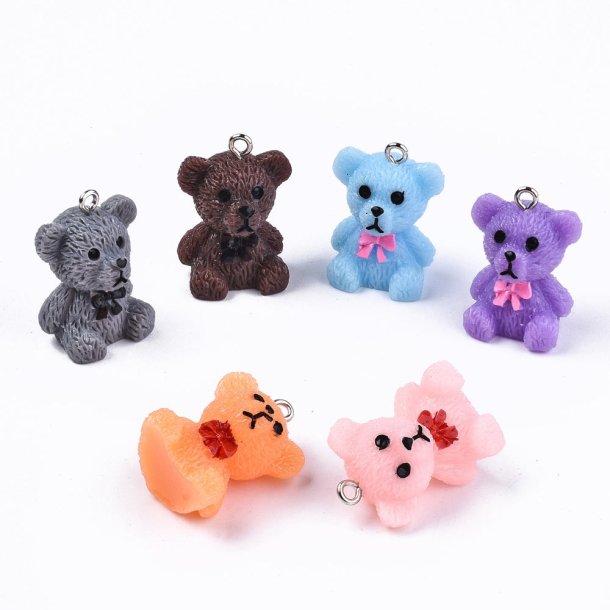 Bear pendant with metal eye, plastic, mixed colors, 26x19x16 mm, 4 pc