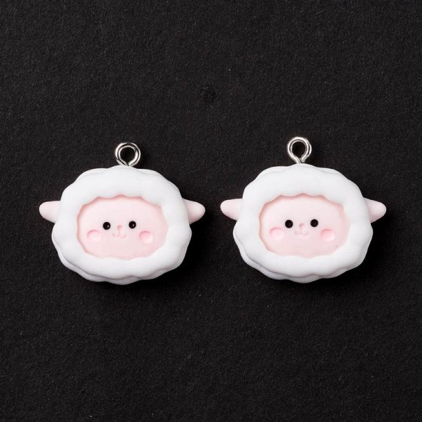 Anh�nger mit Metall�se, Lamm, wei� und rosa, Kunststoff, 22x25 mm, 1 Stck