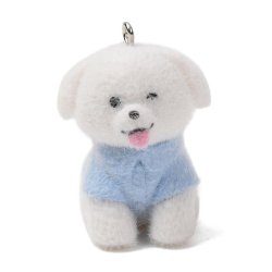 Dog pendant in flocked opaque resin with loop, sky blue, 35.5x24.5x28.5 mm, 1 pc