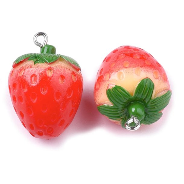 Pendant, red strawberry with metal loop, approx. 29x20mm, 2 pcs