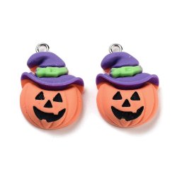 Pumpkin charms with witch hat, resin, coral orange, 25x17 mm, 2 pcs