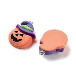 Pumpkin charms with witch hat, resin, coral orange, 25x17 mm, 2 pcs