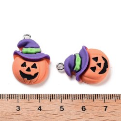 Pumpkin charms with witch hat, resin, coral orange, 25x17 mm, 2 pcs