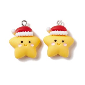 Christmas star with elf hat, pendant, plastic, with metal eye, 25x20x8.5 mm, 2 pcs