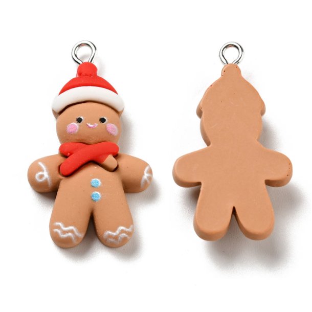 Lebkuchenmann mit Weihnachtsmannm&uuml;tze, Anh&auml;nger, Kunststoff, Metall&ouml;se, 33x19x6,5 mm, 2 Stck