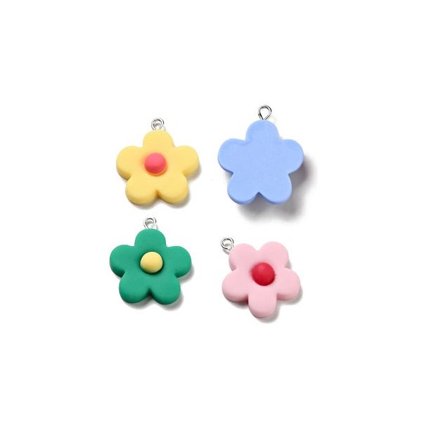 Flower as pendant, Plastic, with eye, random colours, 28x24.5mm, 4 pcs