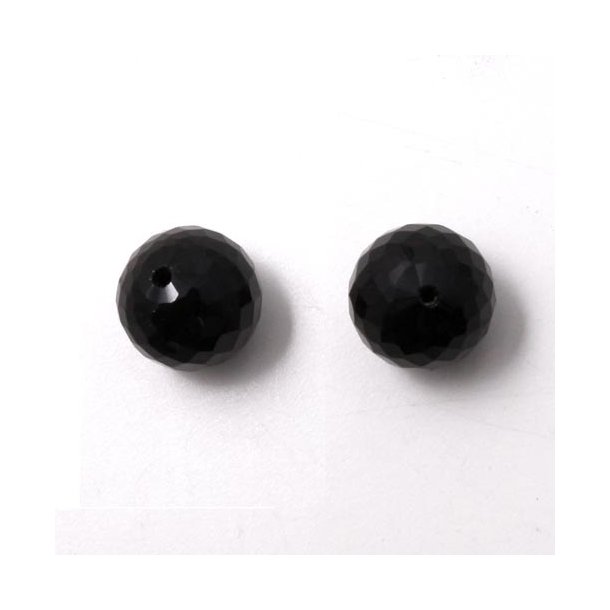 Onyx bead, half-drilled, black, closely faceted, round, A-grade, 8mm, 2 pcs