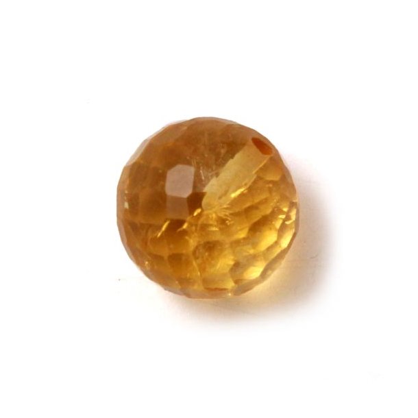 Citrine bead, half-drilled, small, closely faceted, golden yellow, round, 6mm, 1pc.