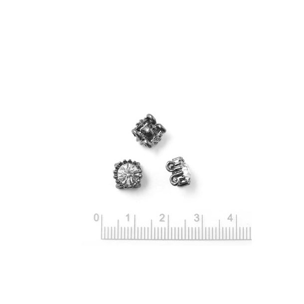 Connector bead or button, black oxidised with large crystal and four eyes at the back, 8,8mm, 4pcs.