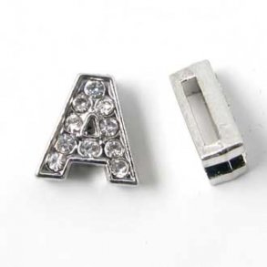 Letter A slide-charm, silver-coloured with crystals, ca. 10x12mm, 1pc.